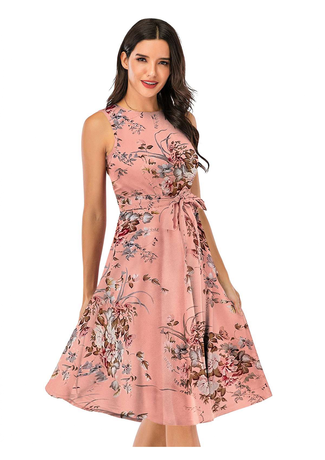 Amazon.com: Women A Line Dress Floral Long Sleeve Dress Knee Length Froal  Print Belted Dress Date Dress for Women (Khaki, S) : Clothing, Shoes &  Jewelry